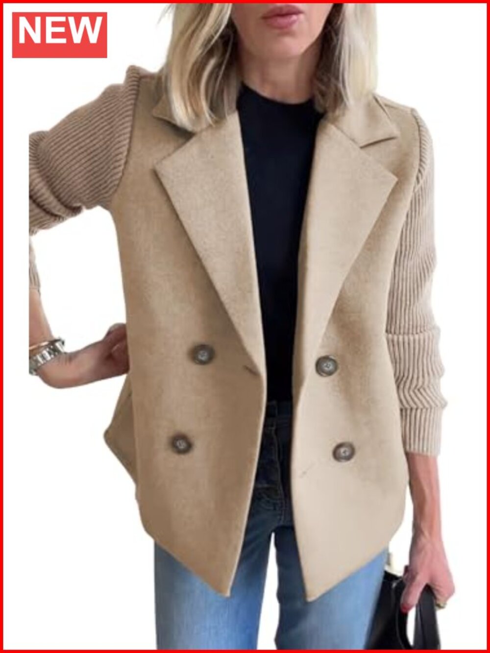 Wool Blend Pea Coat Notch Collar Ribbed Knit Sleeve Blazer
